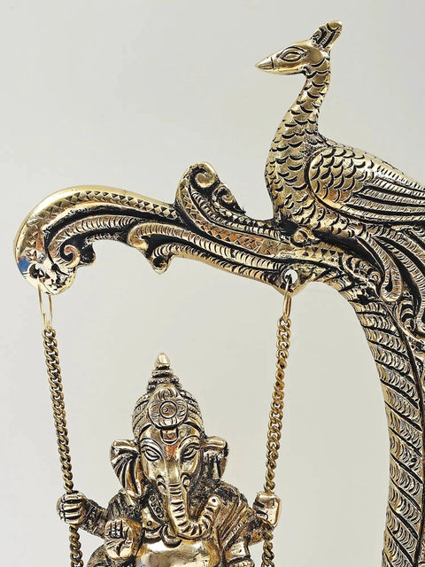 9" Brass Lord Ganesha on Peacock Design Swing | Handmade