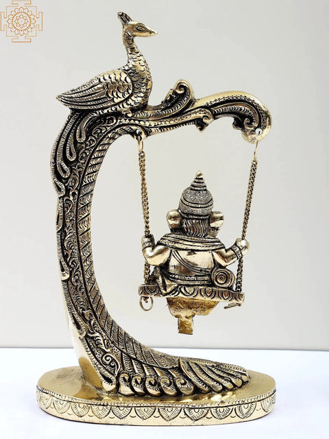9" Brass Lord Ganesha on Peacock Design Swing | Handmade