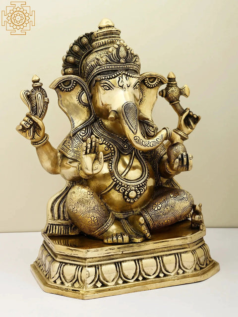 14" Brass Lord Ganesha Idol in Ashirwad Mudra | Handmade