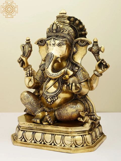 14" Brass Lord Ganesha Idol in Ashirwad Mudra | Handmade