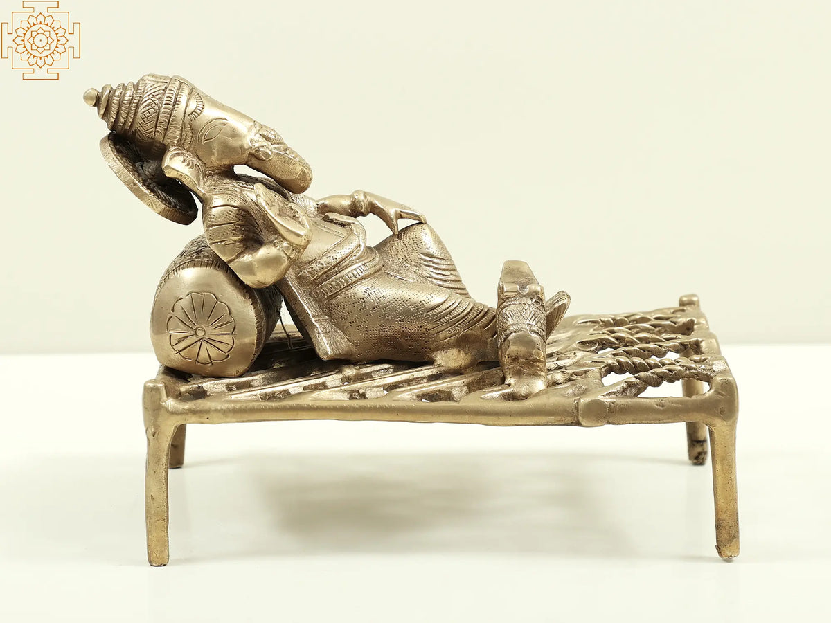 5" Brass Lord Ganesha Statue Sitting on Traditional Khat