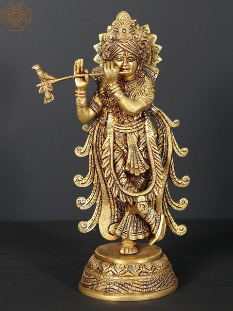 12" Fluting Krishna Brass Statue