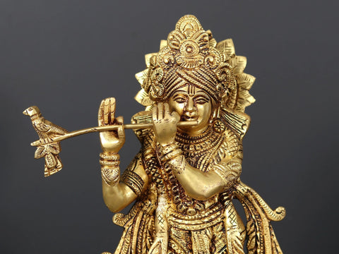 12" Fluting Krishna Brass Statue