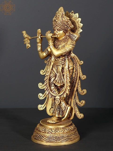 12" Fluting Krishna Brass Statue