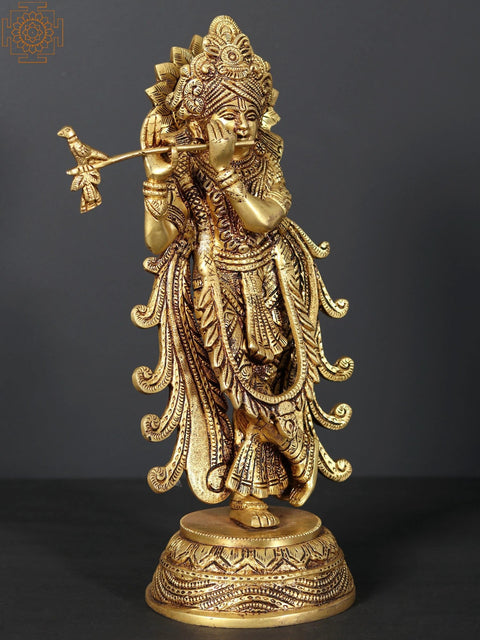 12" Fluting Krishna Brass Statue
