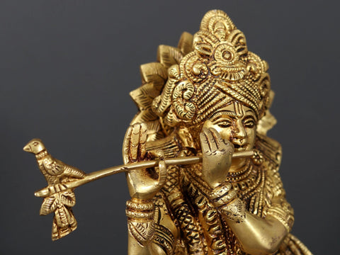 12" Fluting Krishna Brass Statue