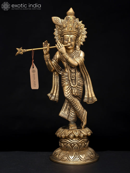 12" Brass Standing Krishna Idol with Flute for Pooja