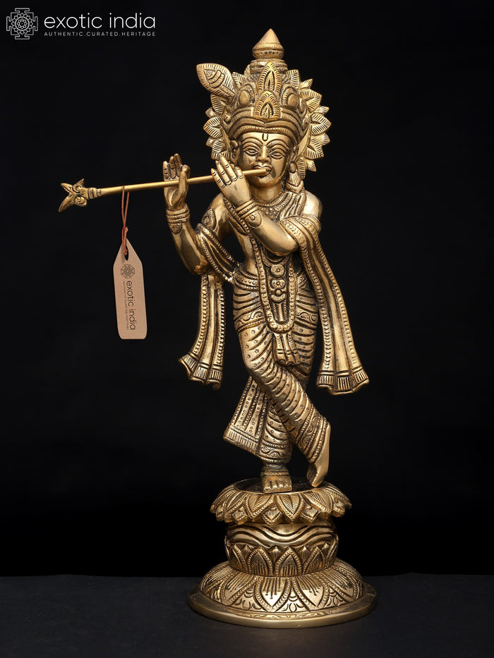 12" Brass Standing Krishna Idol with Flute for Pooja