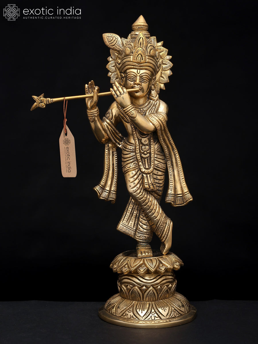 12" Brass Standing Krishna Idol with Flute for Pooja