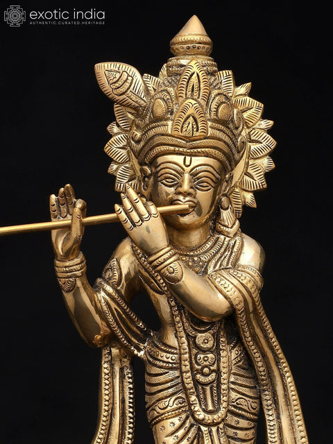 12" Brass Standing Fluting Krishna Statue