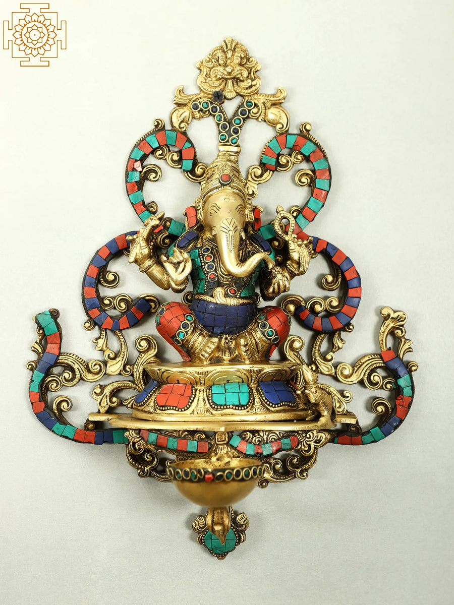 14" Brass Ganesha Wall Hanging with Inlay Work and Diya
