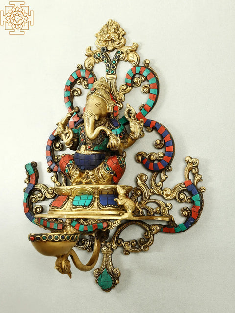 14" Inlay Work Ganesha Wall Hanging with Diya