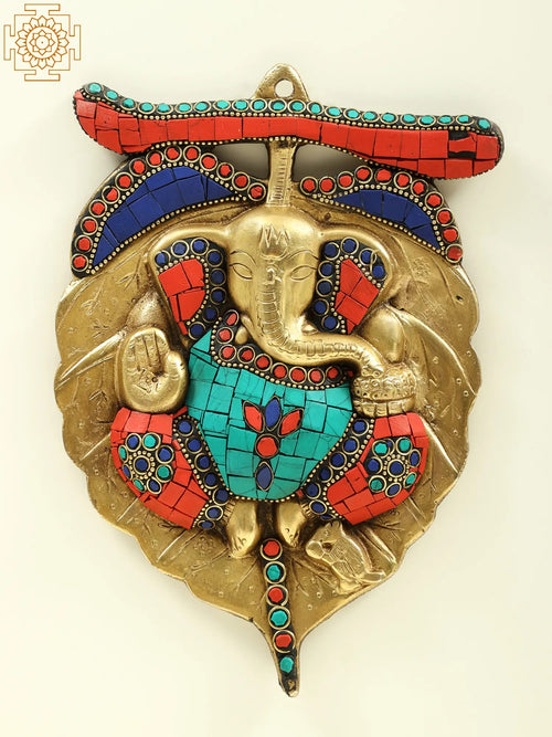8" Brass Ganesha Pipal Leaf Wall Hanging with Inlay Work