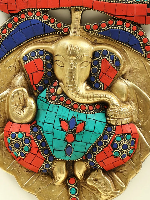 8" Inlay Work Ganesha on Pipal Leaf Wall Hanging