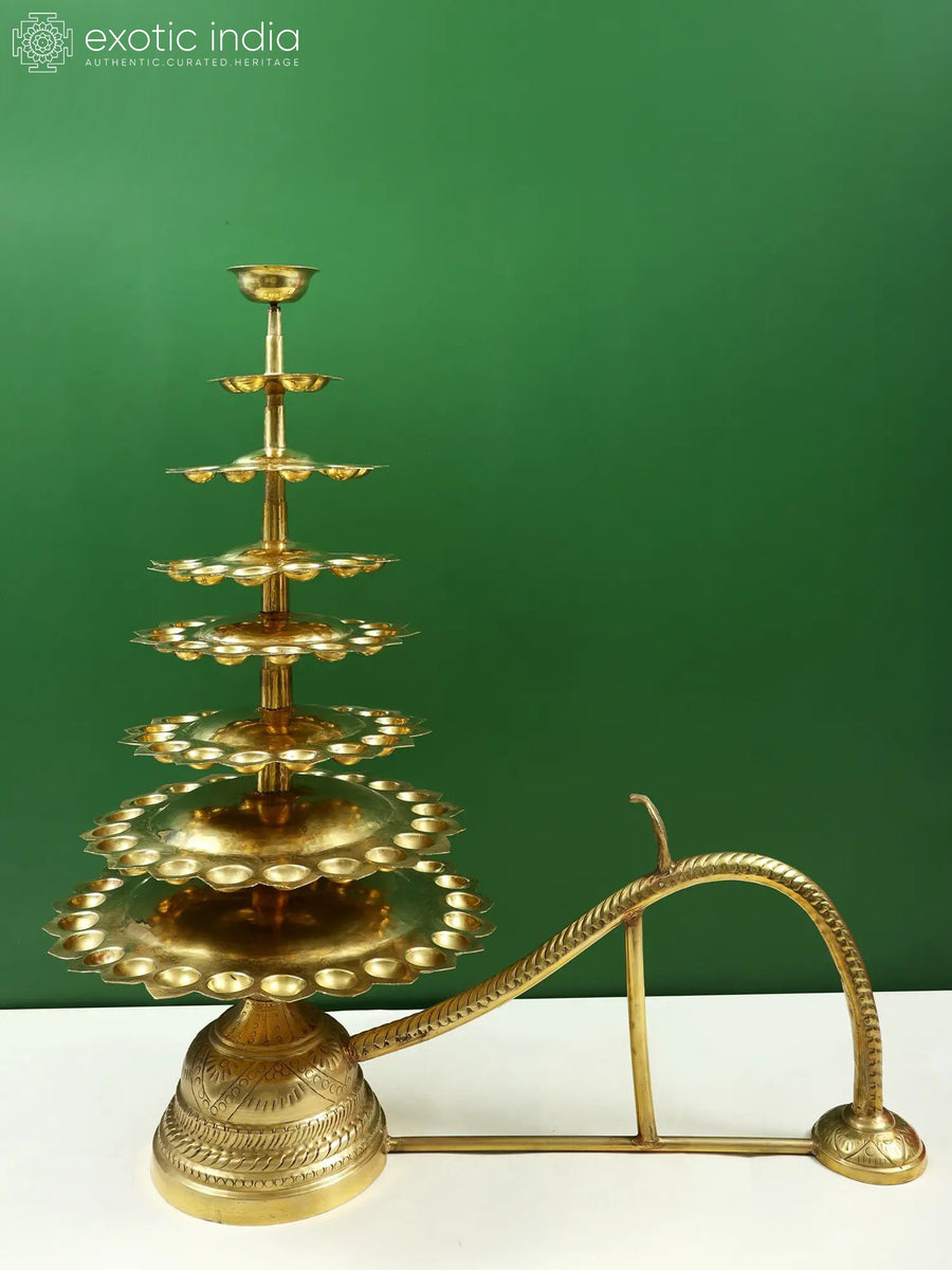33" Large Brass Handheld Aarti Lamp for Pooja