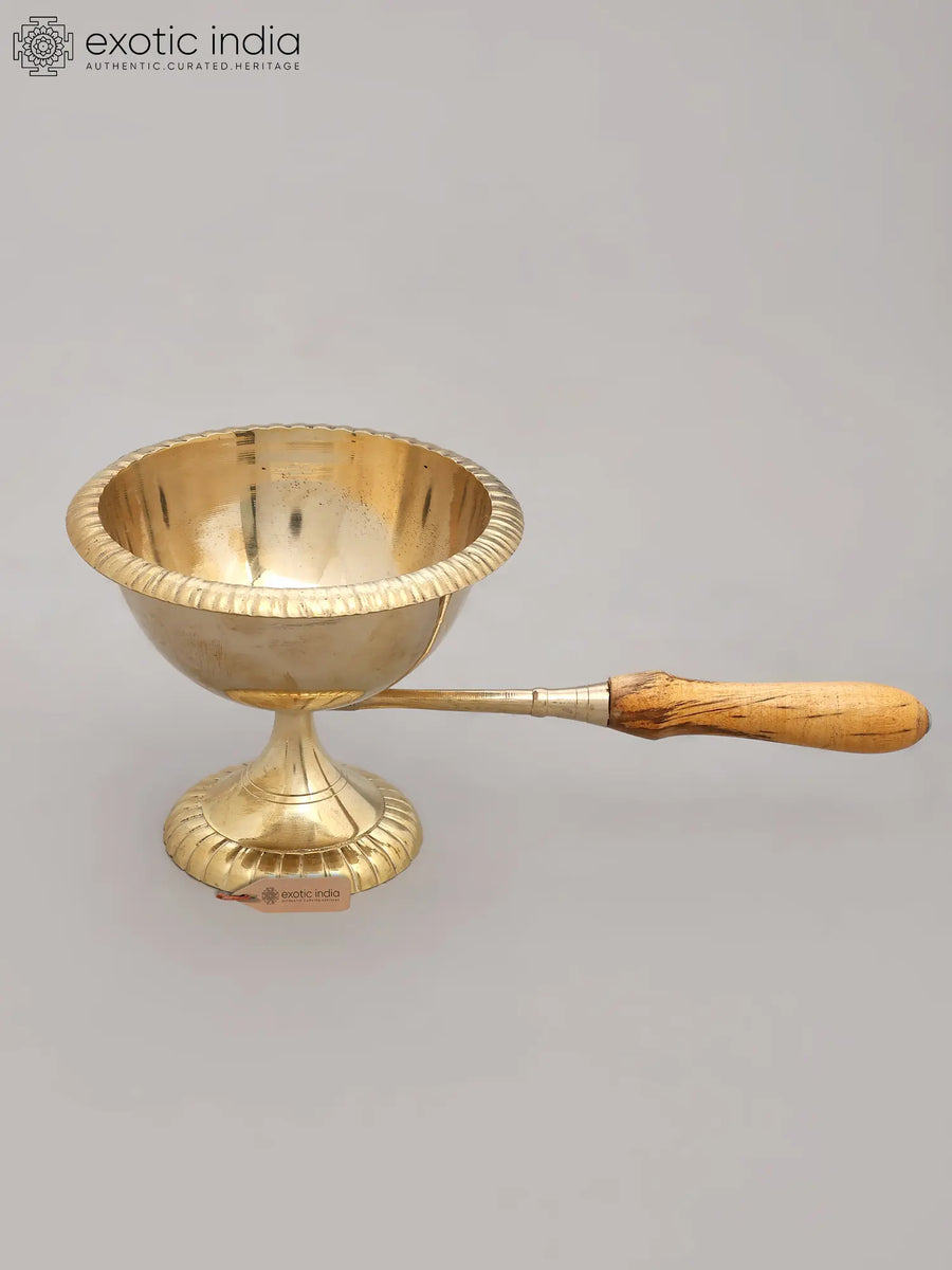 Large Brass Dhoop Arati Statue with Wooden Handle for Pooja