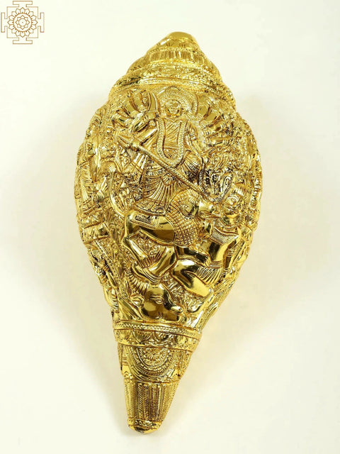 10" Durga Story Carving On Brass Conch Wall Hanging