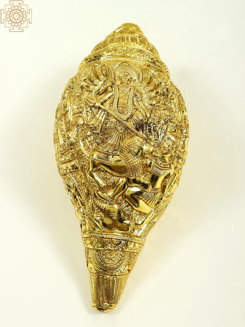 10" Durga Story Carving On Brass Conch Wall Hanging