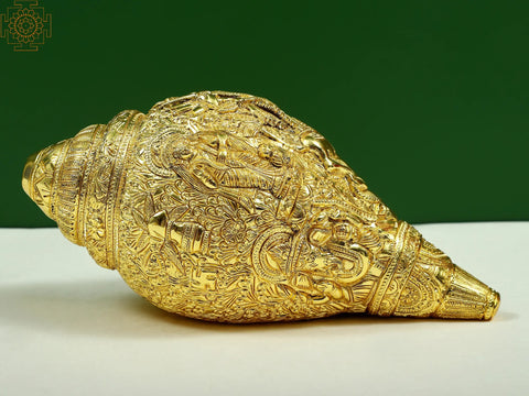 10" Durga Story Carving On Brass Conch Wall Hanging