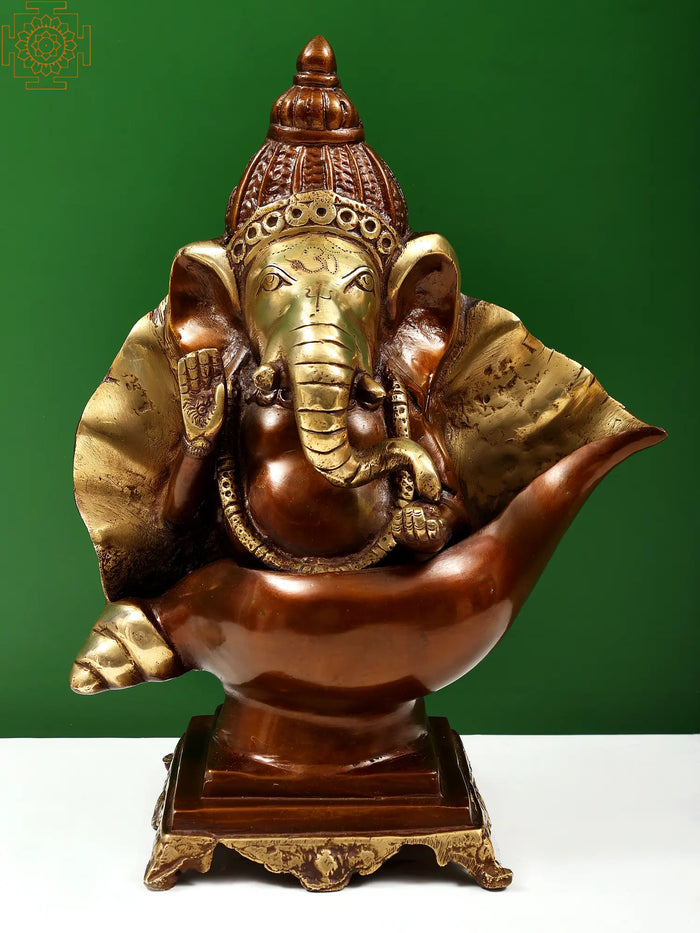 15" Ganesha Seated on Conch Pedestal Brass Statue