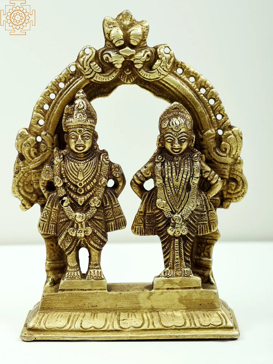 6" Brass Lord Vitthal and Goddess Rukmini Idol with Kirtimukha Prabhavali
