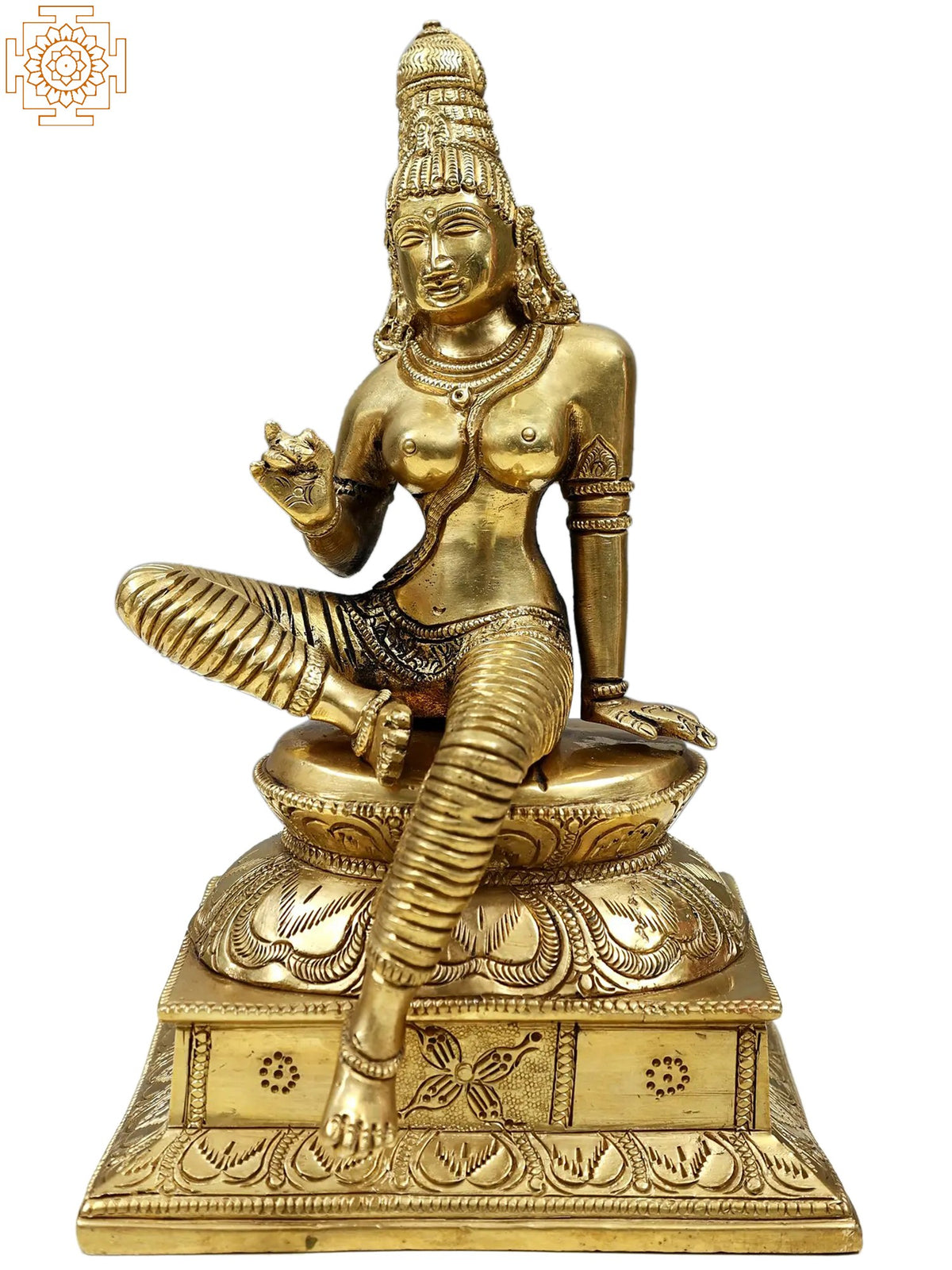 8" Uma Devi Seated on Pedestal In Brass (Goddess Parvati)