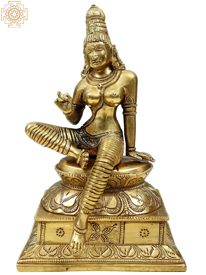 8" Uma Devi Seated on Pedestal In Brass (Goddess Parvati)