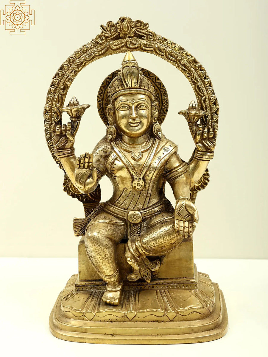10" Goddess Lakshmi Seated on Pedestal Brass Idol for Pooja