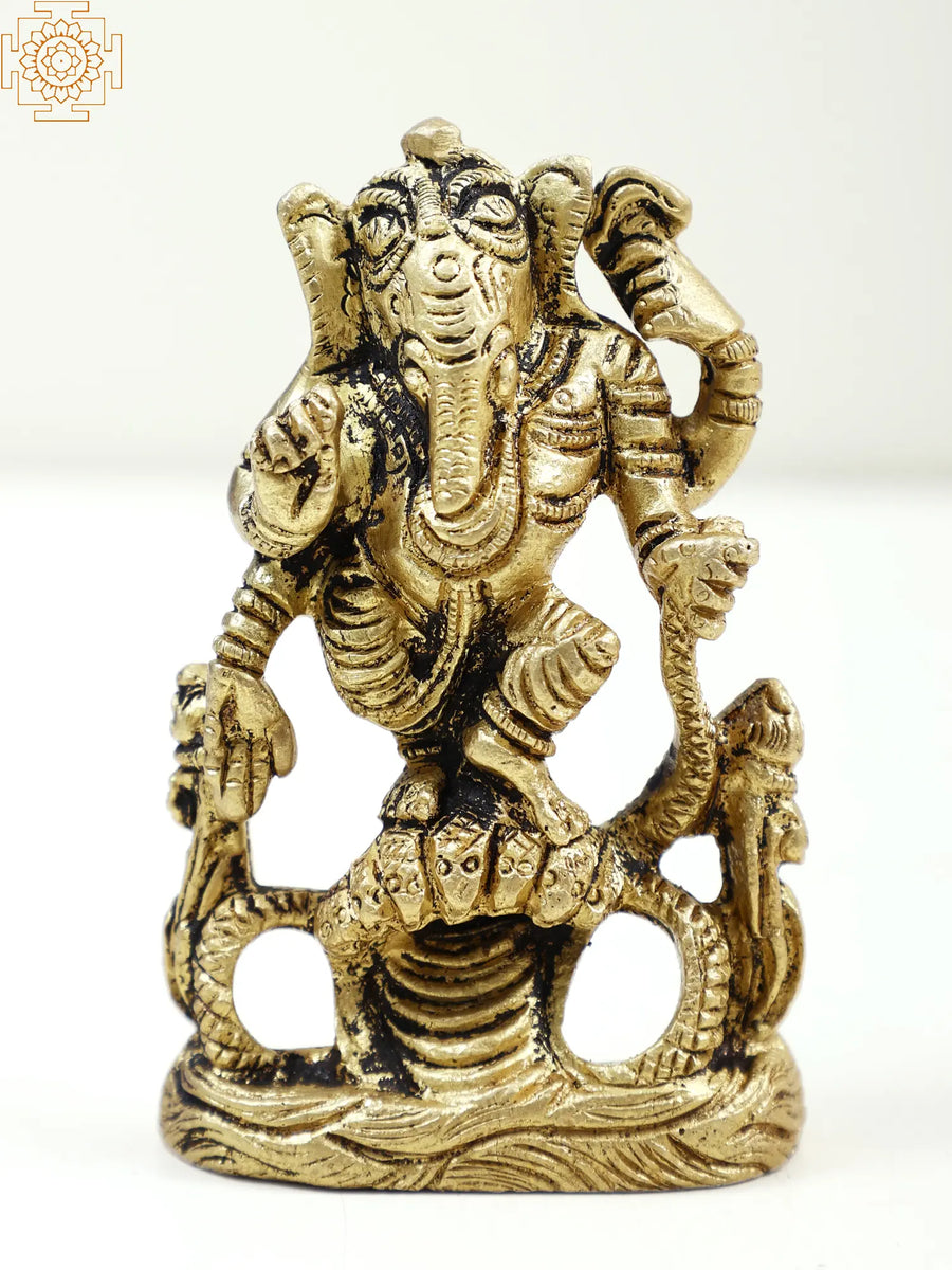 3" Small Lord Ganesha Standing on Sheshnag Brass Statue