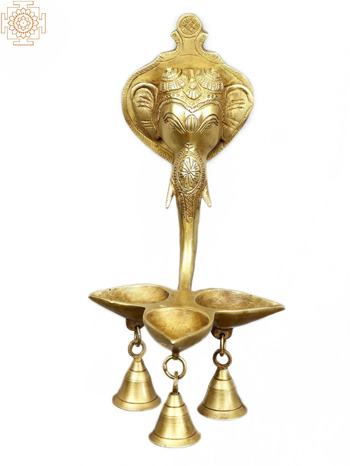 11" Brass Lord Ganesha Wall Hanging Diya with Bells for Pooja