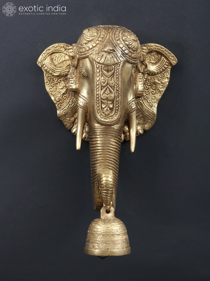 12" Brass Ganesha Mask Wall Hanging with Bell