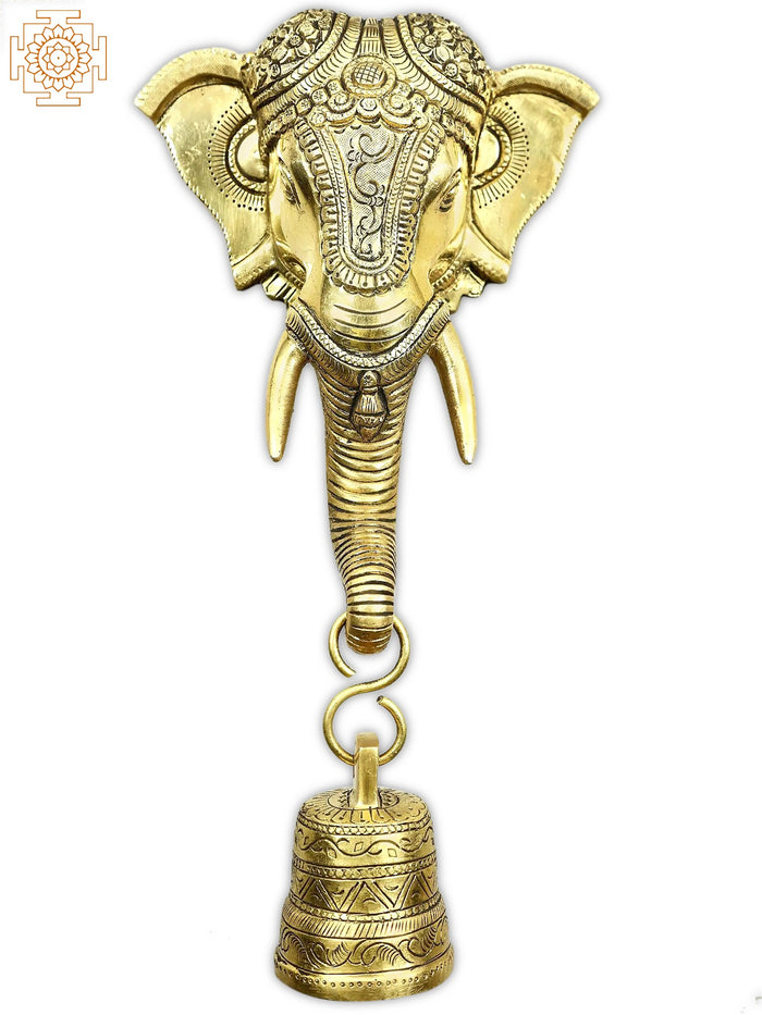 12" Lord Ganesha Brass Wall Hanging with Bell for Pooja