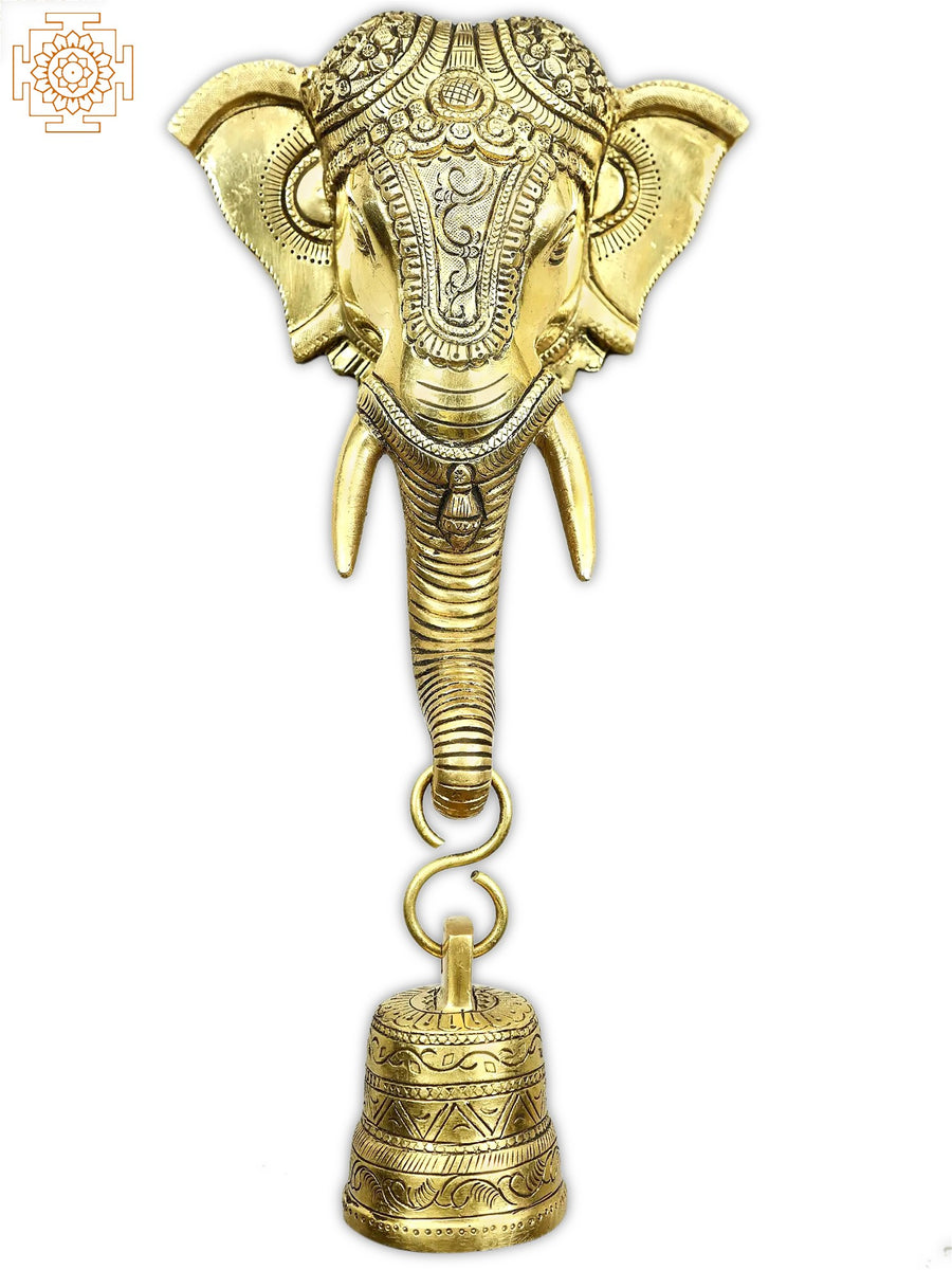12" Lord Ganesha Brass Wall Hanging with Bell for Pooja