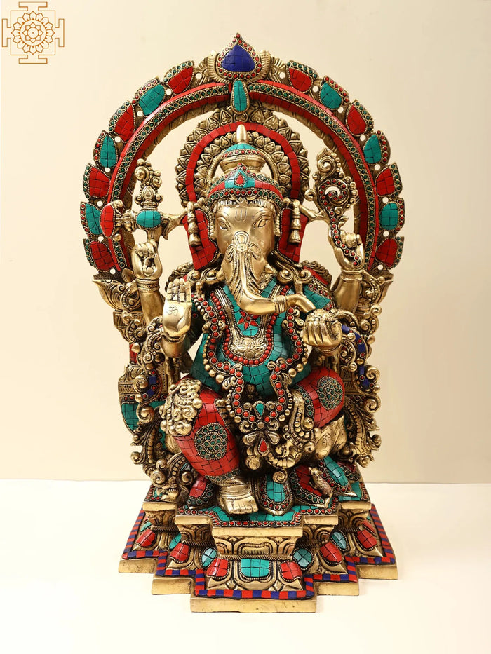 22" Brass Lord Ganesha Statue with Kirtimukha Prabhavali