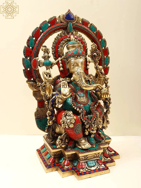 22" Brass Lord Ganesha with Kirtimukha Prabhavali