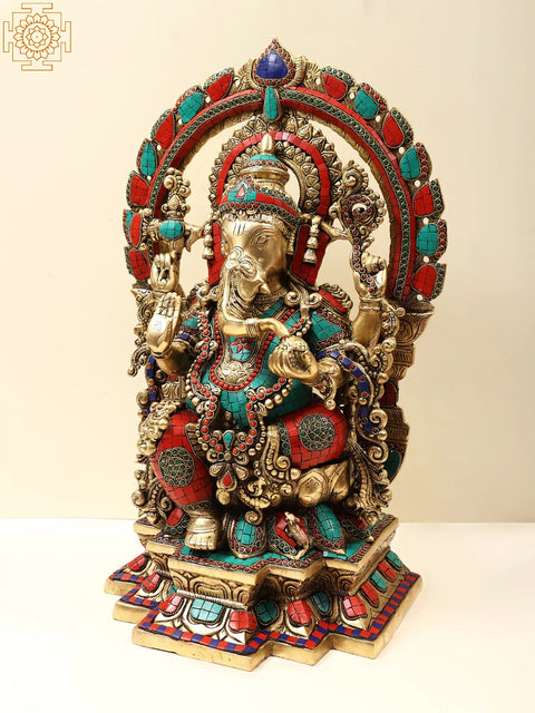 22" Brass Lord Ganesha with Kirtimukha Prabhavali