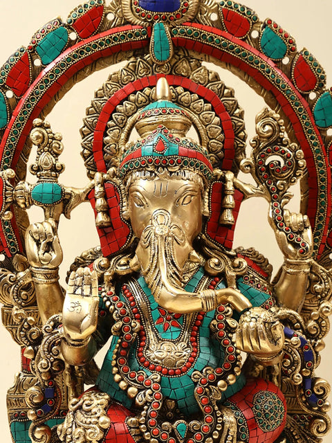 22" Brass Lord Ganesha with Kirtimukha Prabhavali