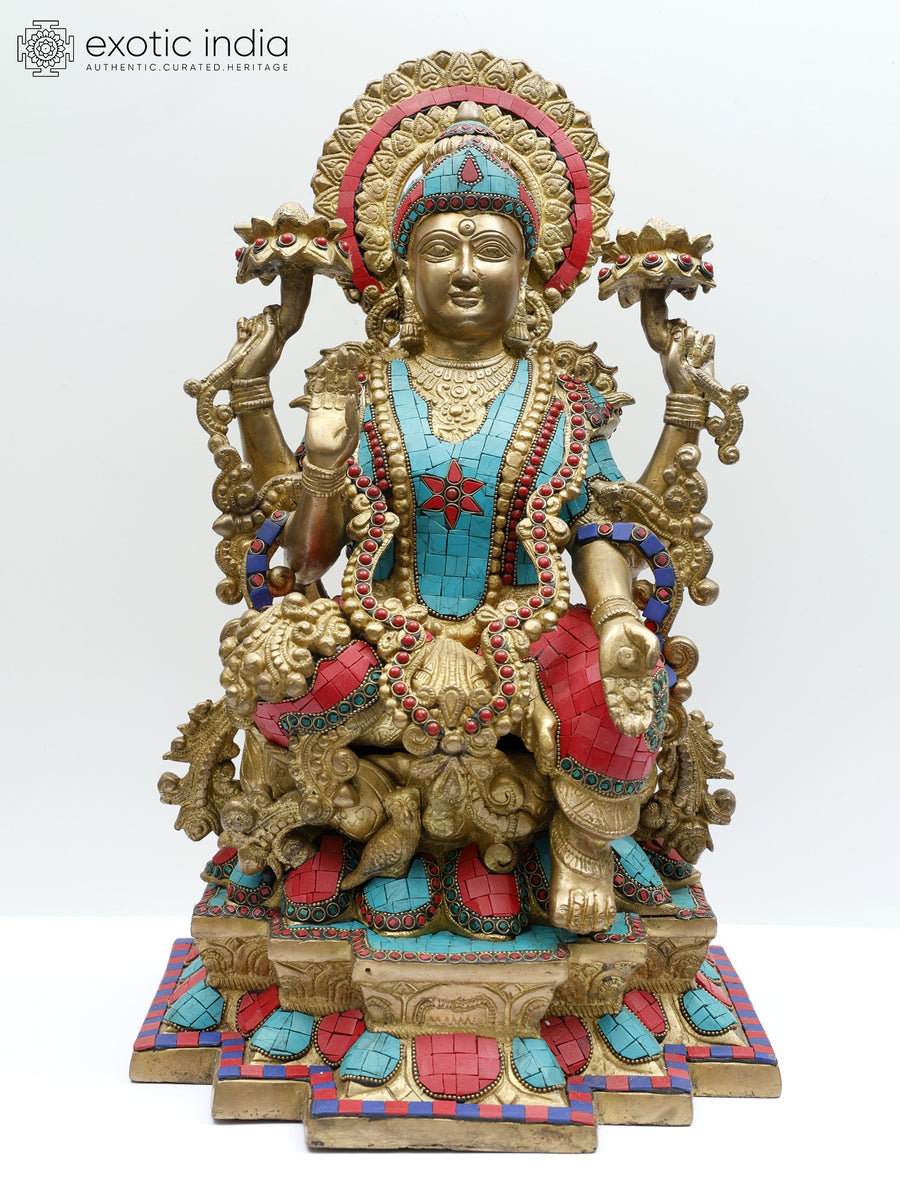 22" Handmade Brass Goddess Lakshmi with Kirtimukha Prabhavali