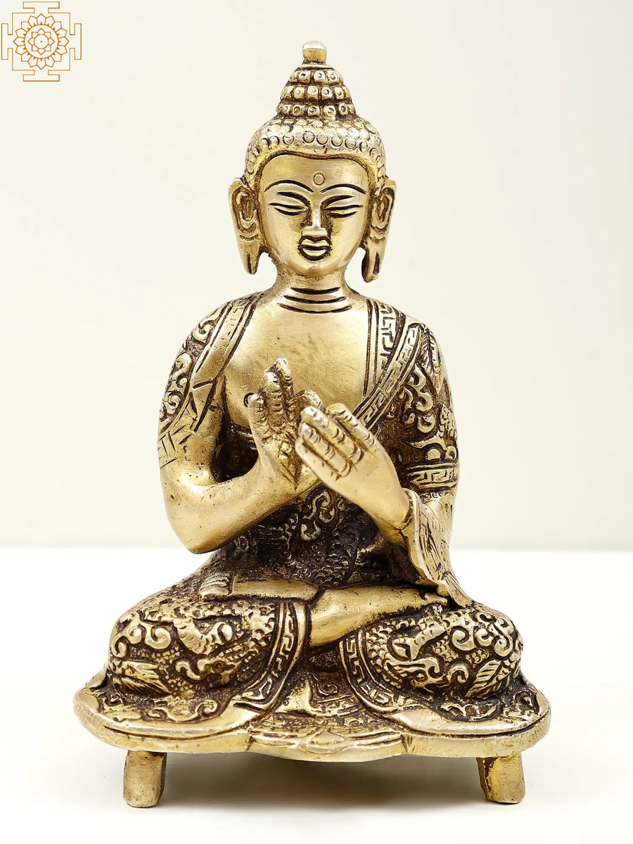 6" Brass Buddha Statue in Dharamachakra Mudra Handmade