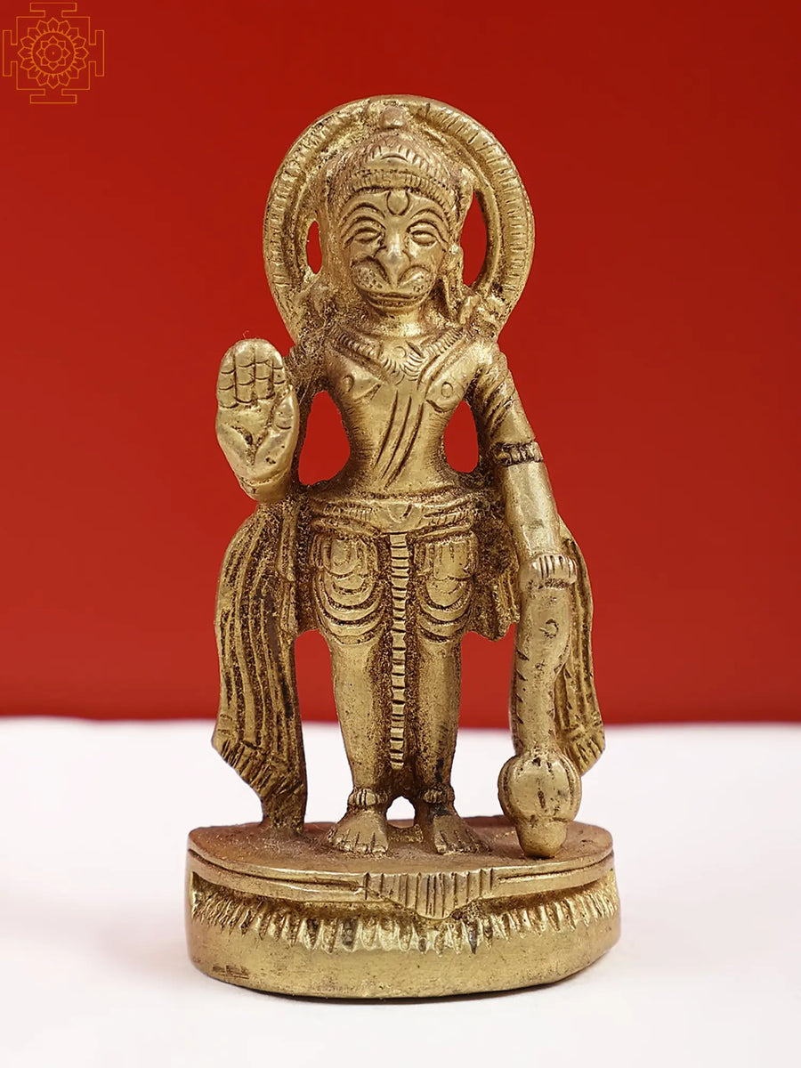 3" Brass Lord Hanuman Idol Standing on Pedestal for Pooja