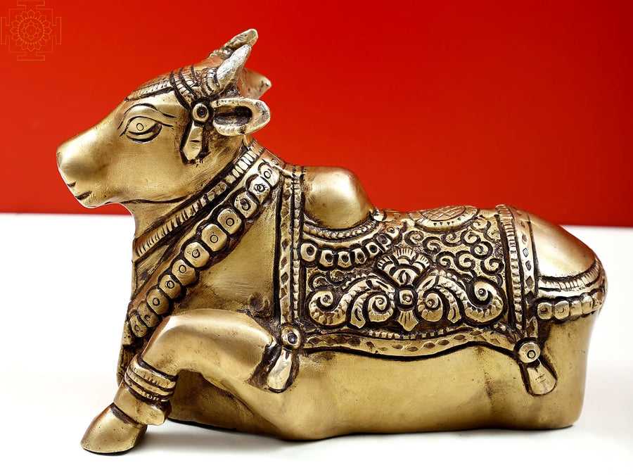6" Brass Engraved Nandi Statue for Home Decor