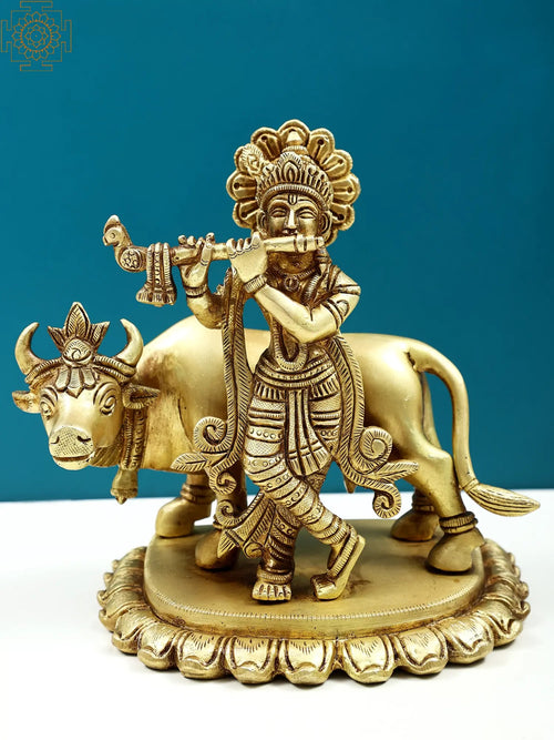 7" Brass Krishna Playing Flute with Cow Statue