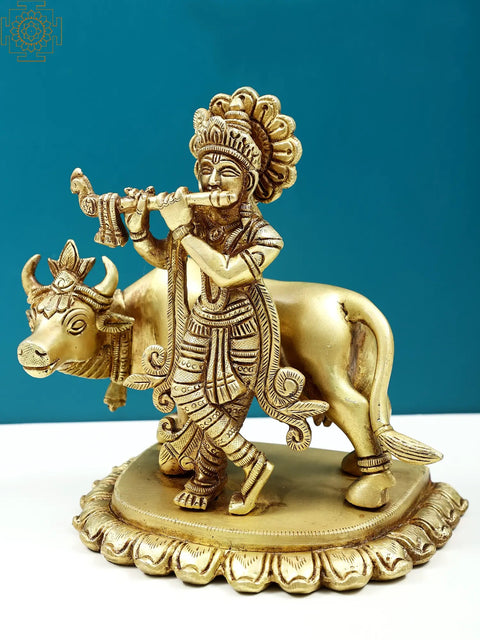 7" Brass Fluting Krishna with Cow