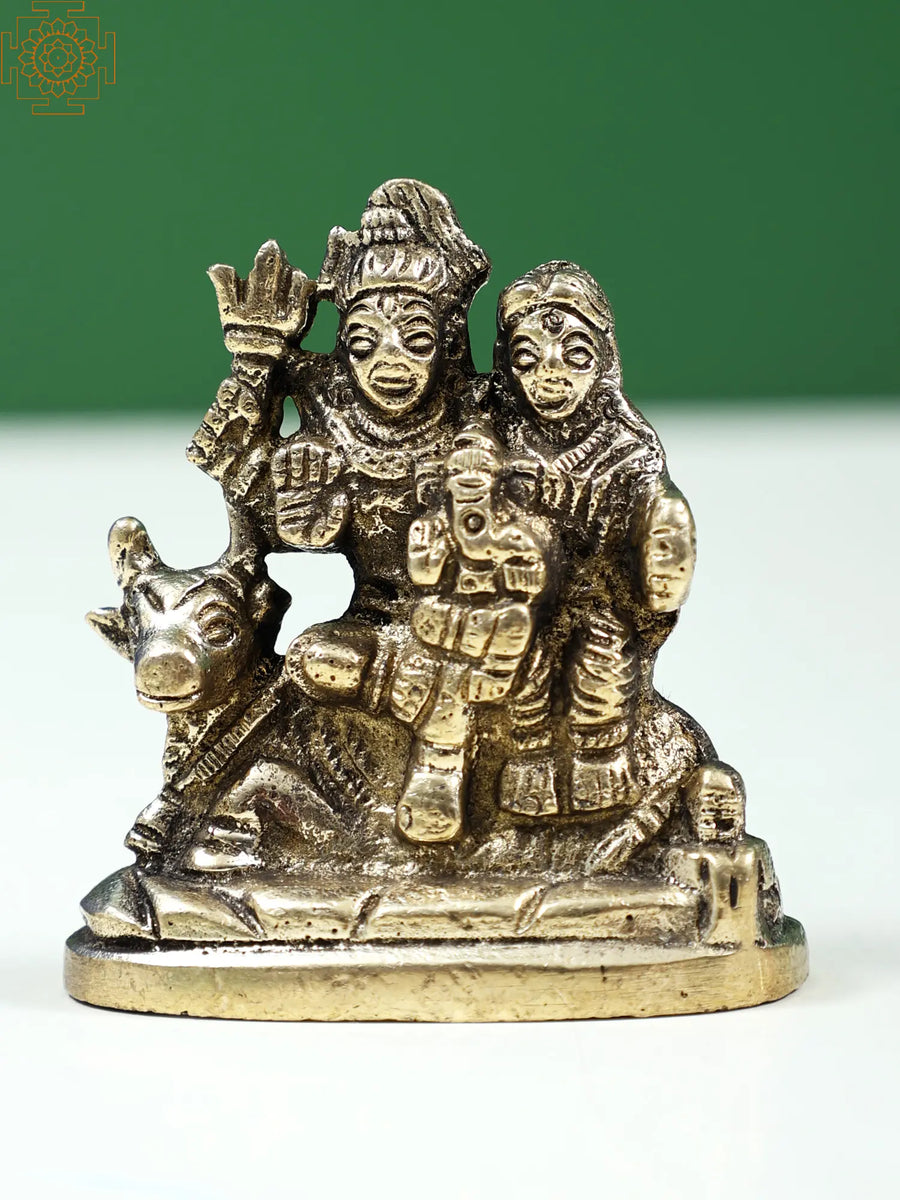 2" Small Shiva Parvati Ganesha Brass Statue on Nandi