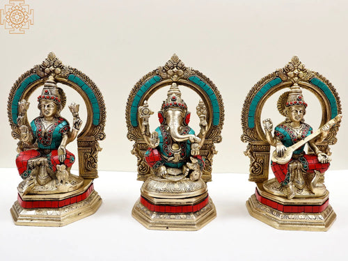 9" Brass Ganesha Lakshmi Saraswati Statue Set with Inlay Work