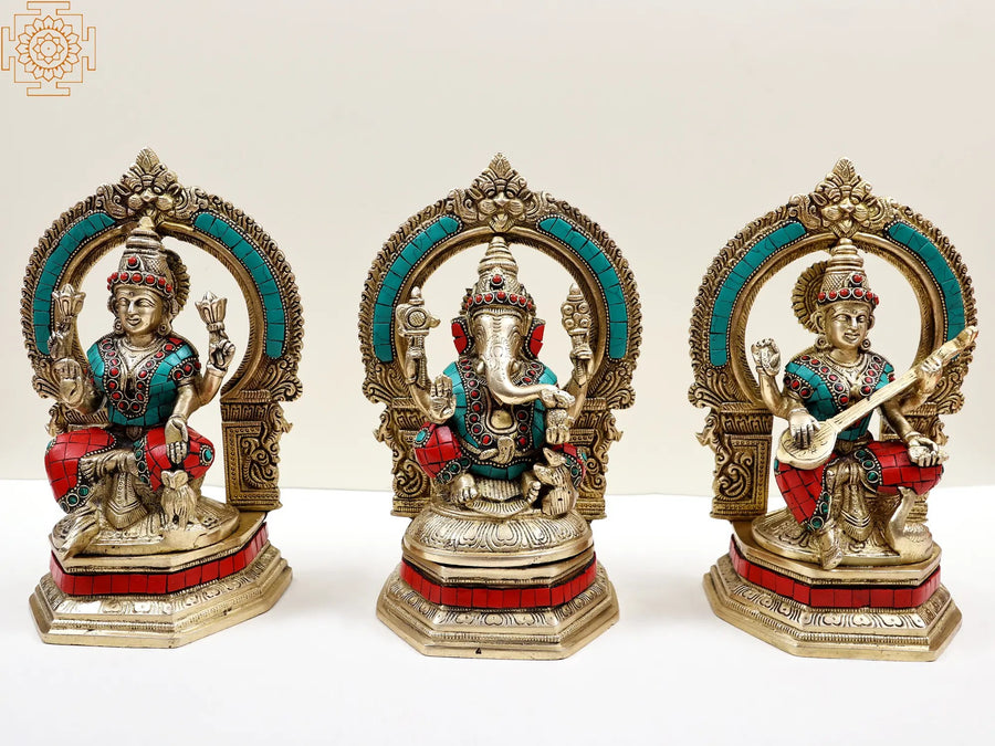 9" Brass Ganesha Lakshmi Saraswati Statue Set with Inlay Work