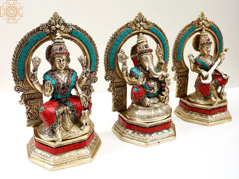 9" Brass Ganesha Lakshmi and Saraswati (Set of Three Statues) with Inlay Work