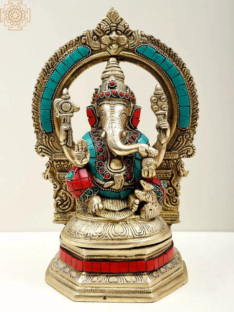 9" Brass Ganesha Lakshmi and Saraswati (Set of Three Statues) with Inlay Work