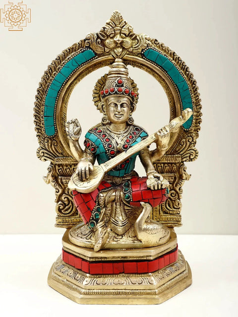 9" Brass Ganesha Lakshmi and Saraswati (Set of Three Statues) with Inlay Work