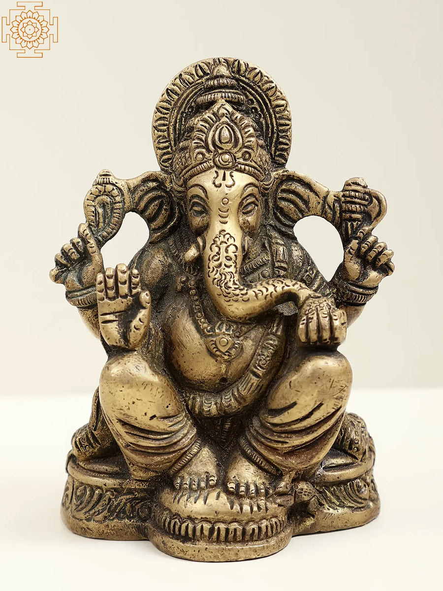 4" Small Brass Blessing Lord Ganesha Idol for Pooja